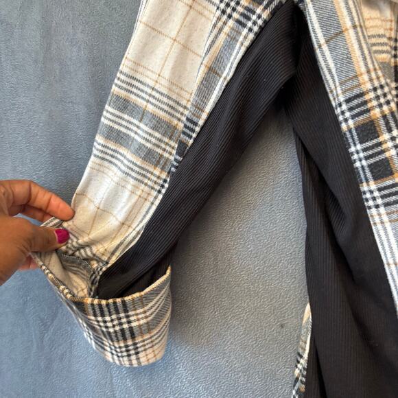 Plaid Flannel Button Up Shirt Beige Black Check 1X Plus Size Preppy Skate Casual - Picture 10 of 12